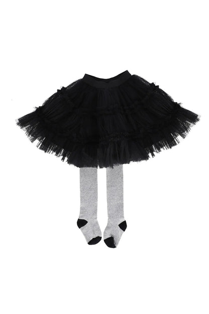 Black tulle tutu skirt with grey footed leggings and black toe sections