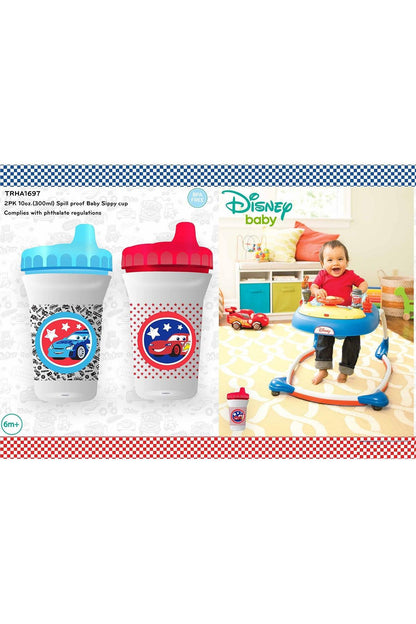 Disney Baby 2-pack sippy cups on retail card, blue and red lids, speckled cups