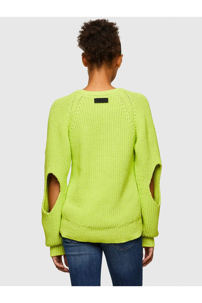 Back view: green knit cold-shoulder sweater with crew neck and long sleeves