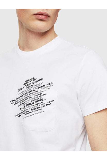 White crewneck T-shirt with black chest text print and chest pocket