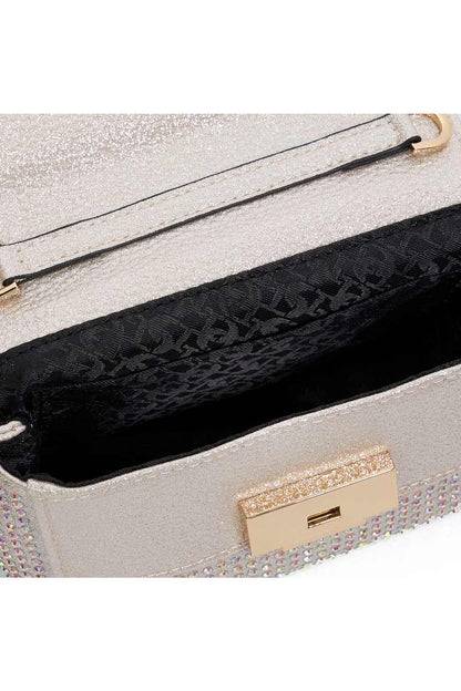 Open rhinestone crossbody bag showing black lining and gold-tone clasp