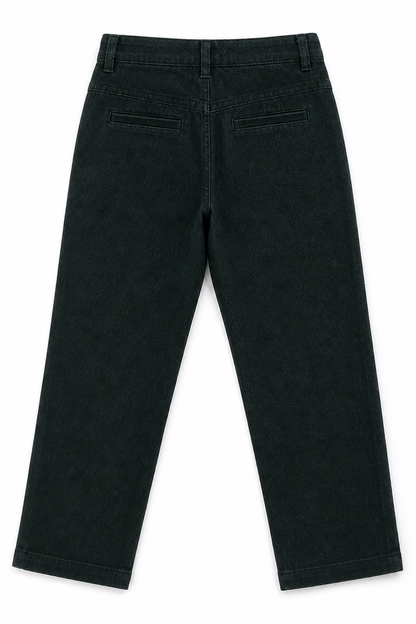 Dark green denim jeans with belt loops and two rear patch pockets