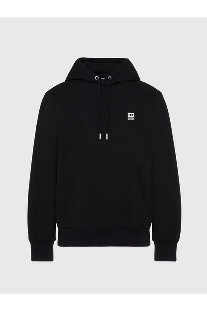 Diesel black pullover hoodie with kangaroo pocket, drawstring hood, and logo patch