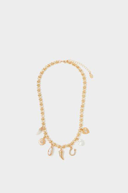 Accessorize gold charm necklace with small heart and coin pendants