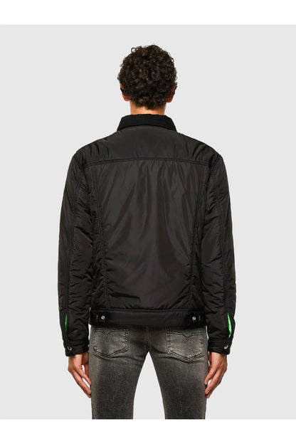 Diesel black jacket back view with green cuff accents and quilted padded panels.
