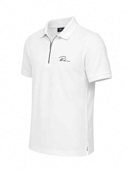 White polo shirt with zip placket, fold-over collar, and chest logo