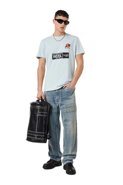 Light blue crewneck T-shirt with front WDSL 197.8 patch graphic