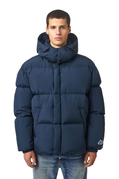 Dark blue hooded puffer jacket with front zipper and snap buttons