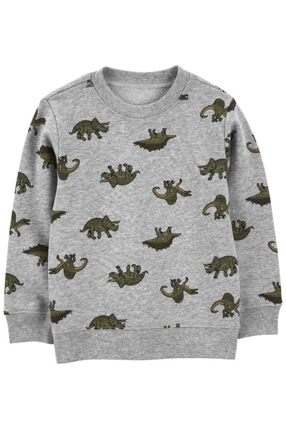 Gray dinosaur print long-sleeve crewneck sweatshirt