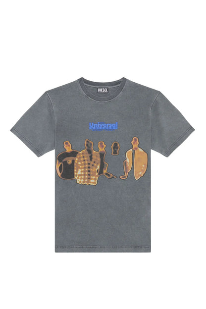 Men's dark gray graphic T-shirt laid flat with front handprint design