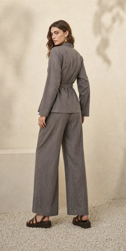 Grey long-sleeve wrap top and wide-leg trousers two-piece lounge set