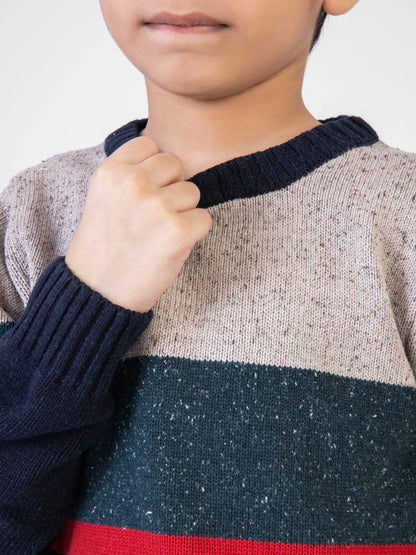 Kids cotton knit sweater with ribbed high neck, speckled beige panel, navy body, red band