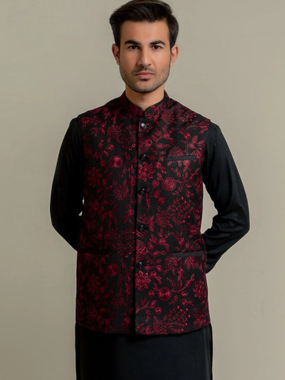 Men's burgundy floral print shirt front with black sleeves, button-up stand collar