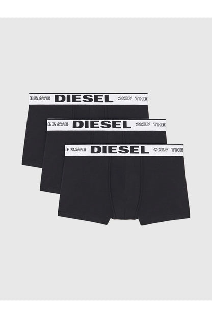 Three-pack black boxer briefs with repeating logo waistbands