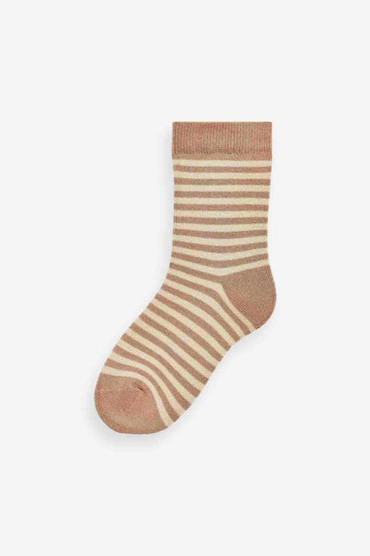 Beige kids sock with allover tan and brown horizontal stripes, ribbed cuff