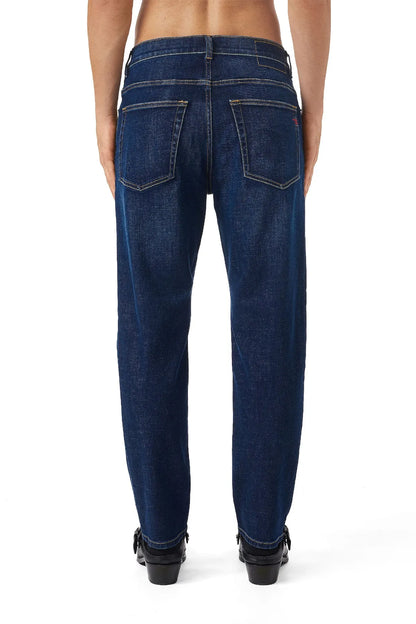 Blue denim jeans back view with two rear pockets and belt loops.