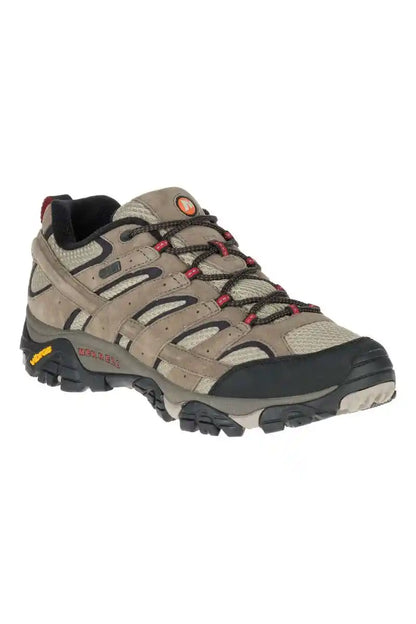 Merrell hiking shoes with gray-brown suede/textile panels, black sole, red lace tips.