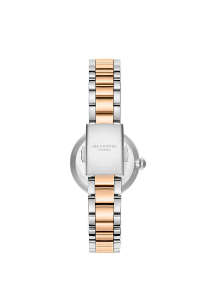 Two-tone watch with navy dial and silver/rose-gold bracelet, logo on caseback