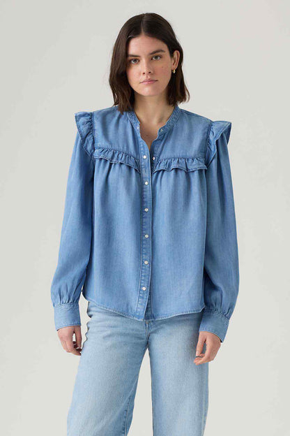 Levi's light blue denim blouse with high ruffle collar and button placket