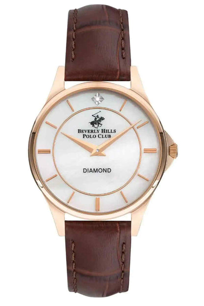 Brown leather strap wristwatch with round rose-gold case and white dial