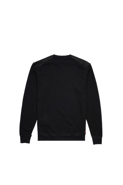 Black crewneck sweatshirt back view, plain with ribbed cuffs