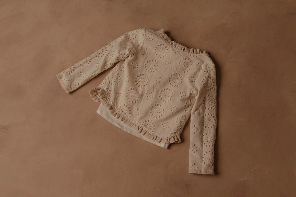 Licci beige eyelet long-sleeve top with gathered ruffle trim