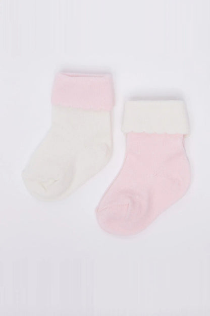 Baby socks set: pink and white knit crew socks with contrast cuffs