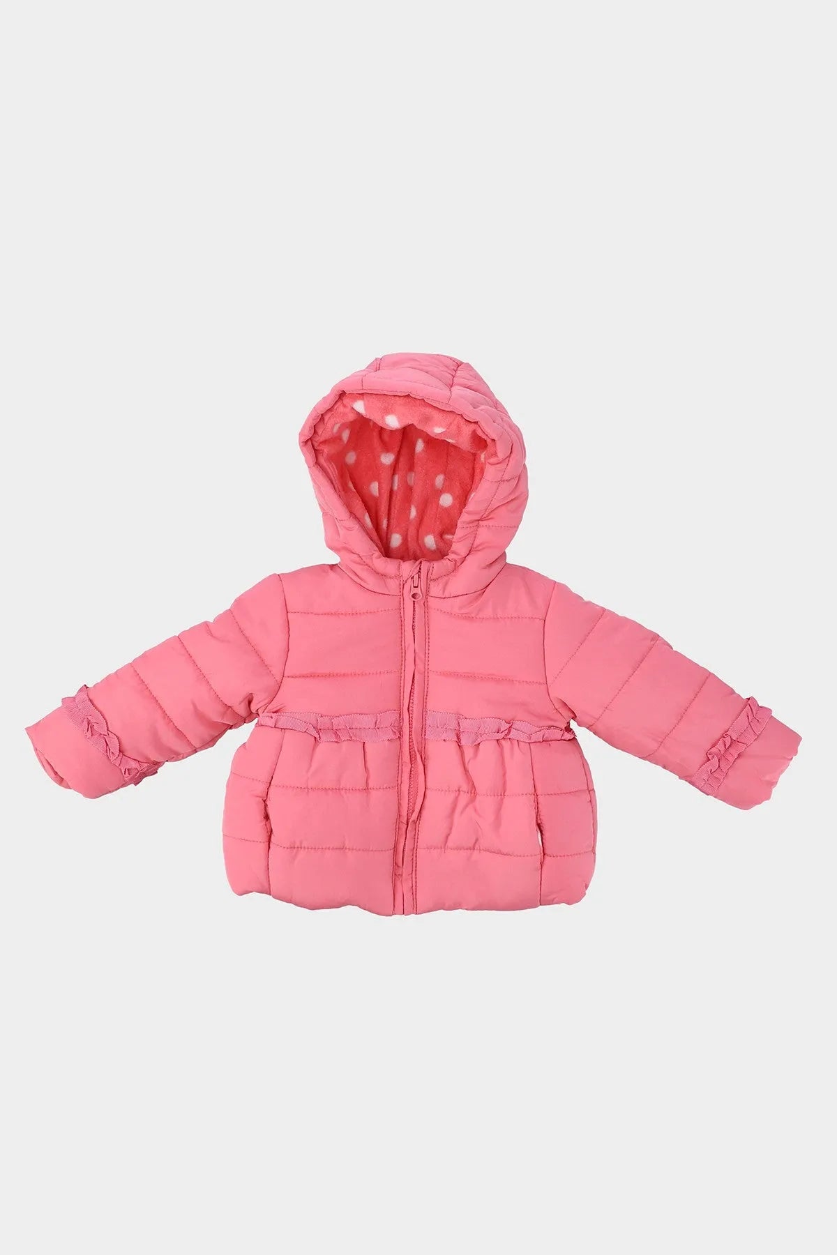 Pink puffer baby jacket with hood, full-length zip, ruffled cuffs