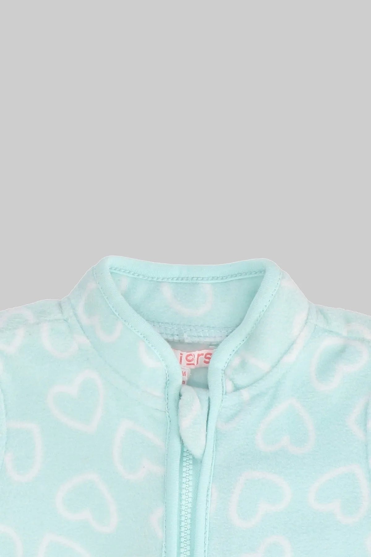 Light blue baby zip-up jacket close-up, heart pattern, stand collar and zipper