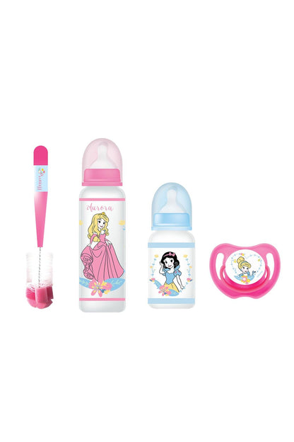 Disney baby bottle washer set: pink bottle, blue bottle, brushes and heart pacifier