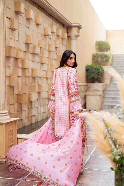 Baby pink embroidered kurta with long dupatta tail, repeating print pattern along hem