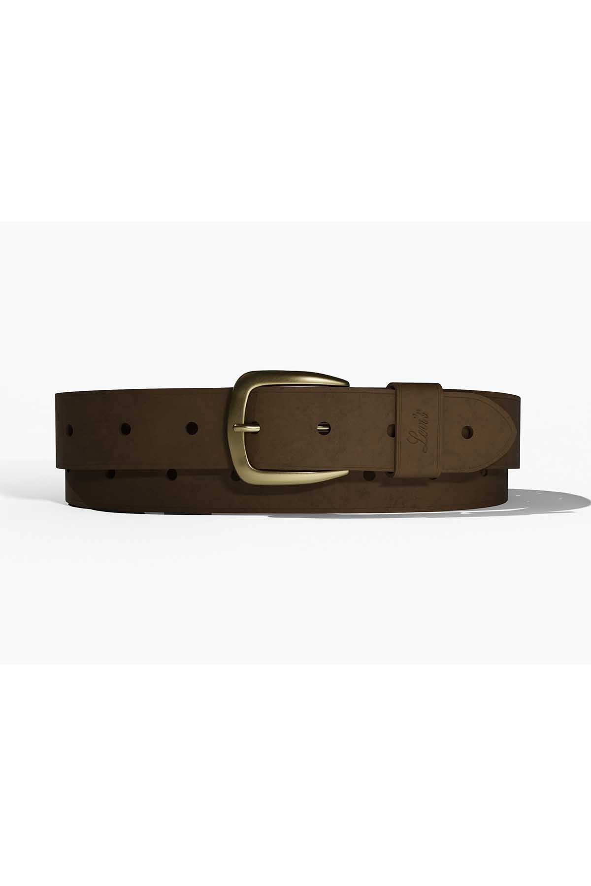 Brown belt with gold-tone buckle and punched holes