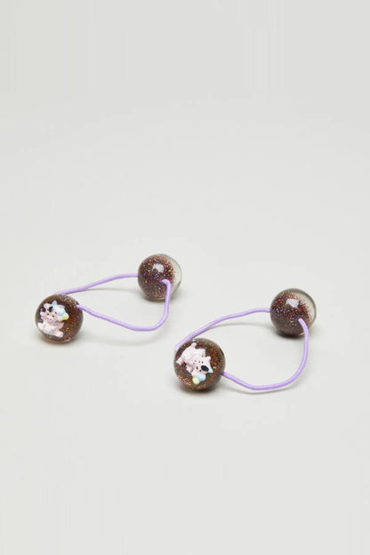 Set of two kids hair elastics with purple bands and glittery brown bead charms