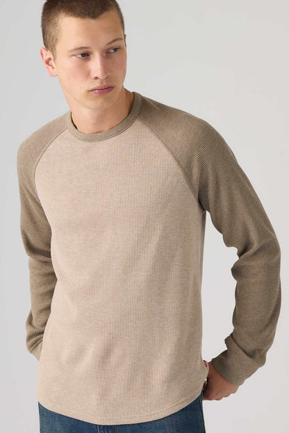 Beige raglan crewneck sweatshirt with long sleeves and ribbed cuffs