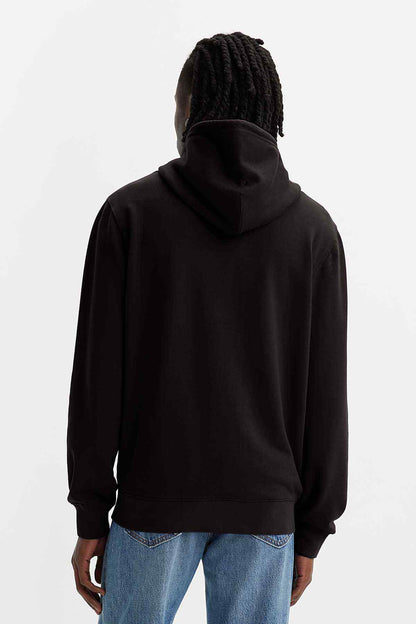 Black pullover hoodie with hood, ribbed cuffs and hem