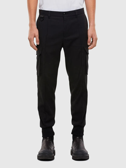 Black cargo pants with side cargo pockets and elastic cuffs