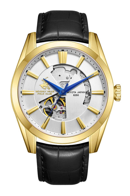 BHPC skeleton wristwatch with black leather strap and gold-tone case, silver dial