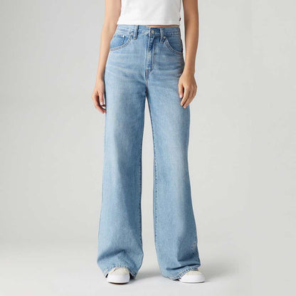 Levi's light blue denim wide-leg jeans front view with button closure