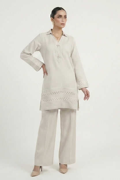 Light grey long tunic with embroidered neckline and lace border, with matching wide trousers.