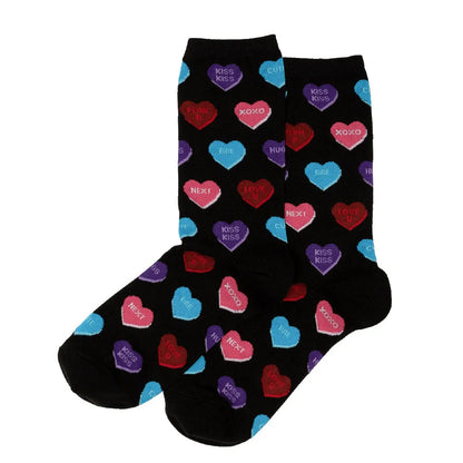 Black crew socks with colorful heart and text icon pattern