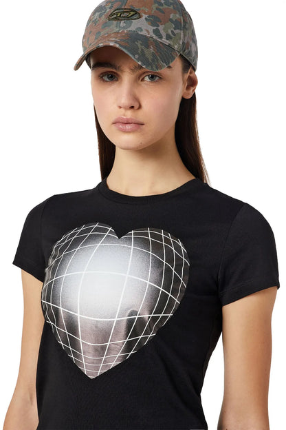 Black Diesel crew-neck T-shirt with heart-shaped globe graphic, close-up front