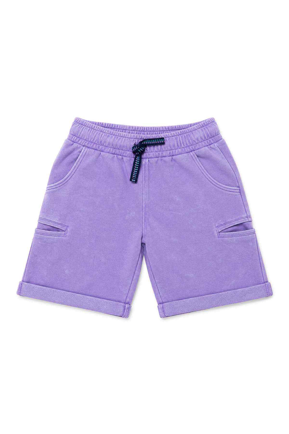 Purple kids' cargo-style shorts with elastic waistband, black drawstring, pockets