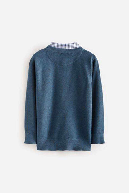 Navy crewneck knit sweater, long sleeves and ribbed neckline