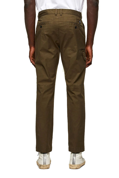 Diesel olive chino pants, back view with two rear pockets and belt loops