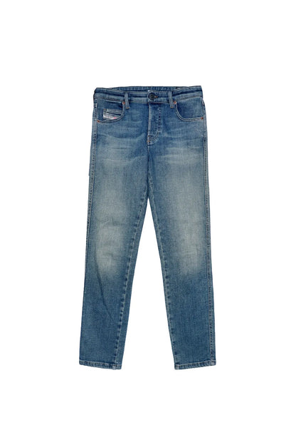 Light blue denim jeans flat lay with straight legs, button-zip fly, and belt loops