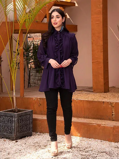 Purple ruffle-detail tunic with high collar, long sleeves, and button placket