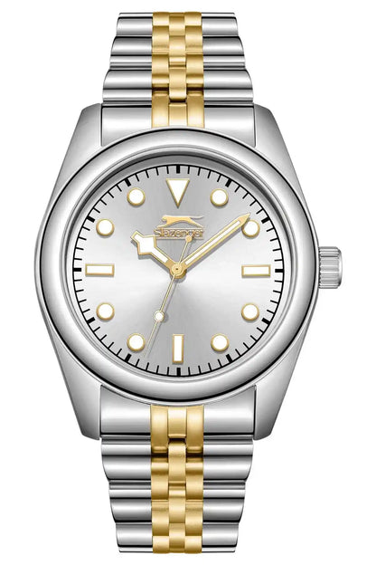 SLAZENGER analog wristwatch with gold-tone markers, silver case, gold center stripe