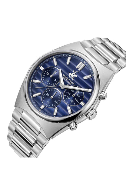 Silver metal wristwatch with blue dial and three chronograph subdials