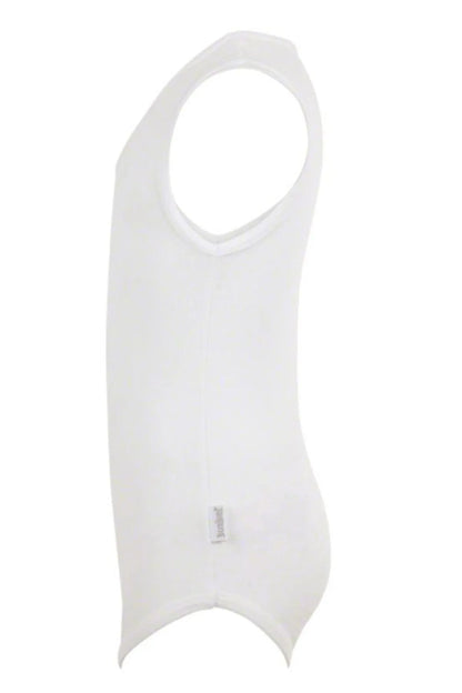 BABYSHOP sleeveless baby bodysuit, white front, small vertical logo tab