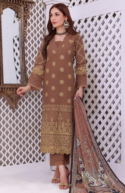 Olive stitched long dress with gold daisy motifs and patterned dupatta